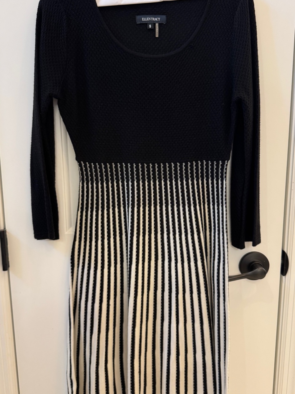 Ellen Tracy Black and White Long-Sleeve Fit-and-Flare Knit Dress